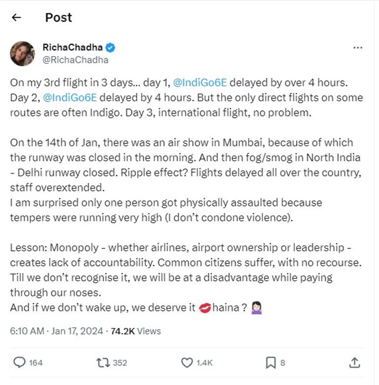 Richa Chadha faces 4 hour delay with IndiGo flights highlights