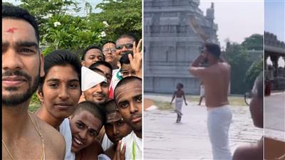 Venkatesh Iyer plays cricket in traditional attire in temple complex in Kanchipuram