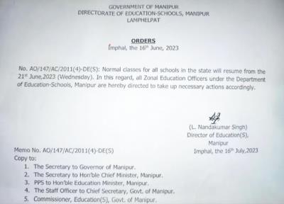 Schools to resume classes in Manipur from 1 July 
