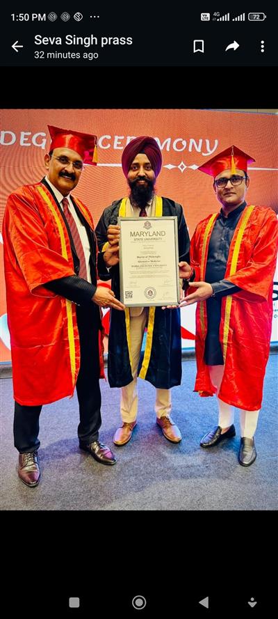 ਡਾਇਰੈਕਟਰ ਅਮਿਤੋਜ ਸਿੰਘ ਨੂੰ ਮੈਰੀਲੈਂਡ ਸਟੇਟ ਯੂਨੀਵਰਸਿਟੀ ਅਮਰੀਕਾ ਨੂੰ ਆਨਰੇਰੀ ਡਾਕਟਰੇਟ ਦੀ ਡਿਗਰੀ ਨਾਲ ਸਨਮਾਨਿਆ