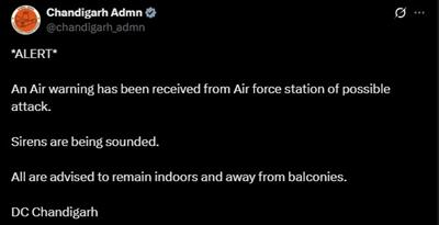 Chandigarh administration issues air warning alert, sounds sirens