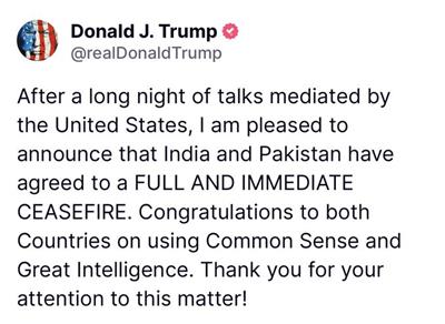 Trump announces ‘full and immediate ceasefire’ between India and Pakistan